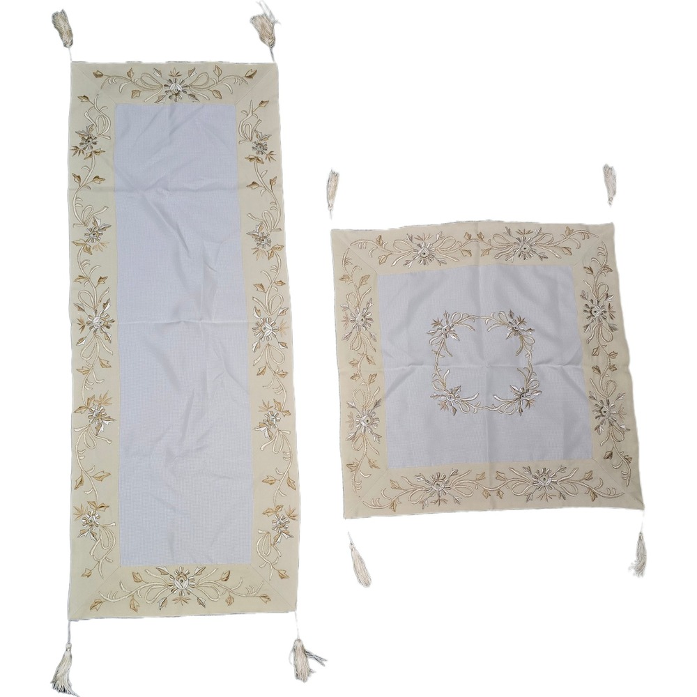 Table Runner‎ Topper Set Beige Gold Floral Excellent Embroidered Tassels